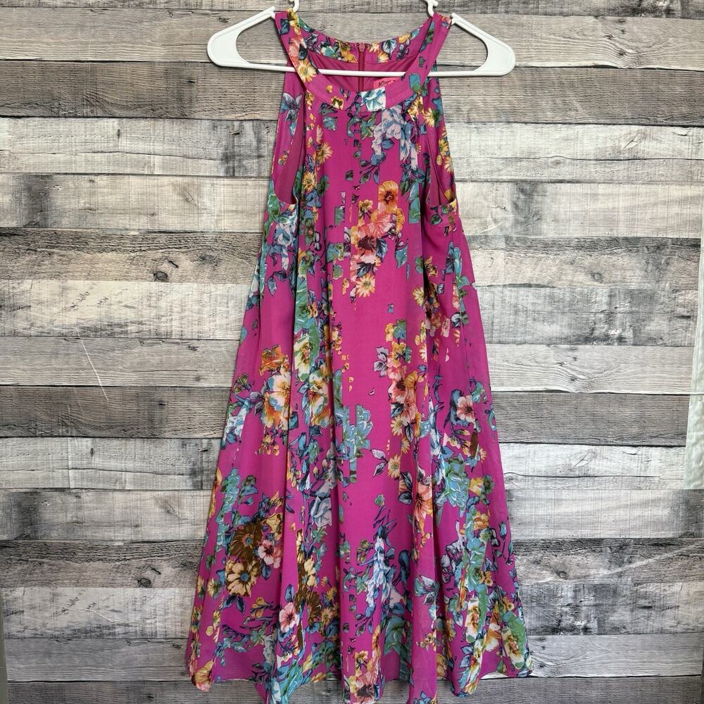 Betsey Johnson Lined Bright Pink Floral Chiffon Lined Halter Dress Size 2